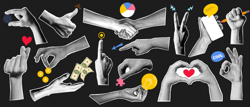 Halftone torn paper hands in various gesture, doodle collage element, arm sign or symbol, finger touch, mobile phone click or tap and y2k retro pop art comic sticker with business infographic icon.
