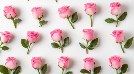 Freshly bloomed pink roses arranged neatly on a bright white surface, top-down perspective