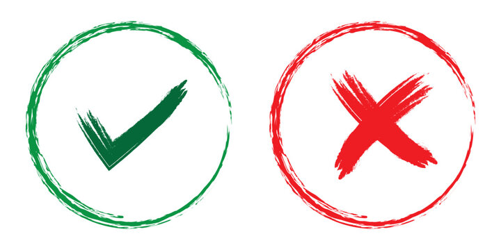 Set of tick and cross brush icon collection. Check and cross symbol. Vector Illustration. Hand drawn checklist symbols. Green check mark and red cross mark vector icons. EPS 10.