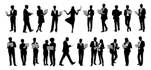 Silhouettes of business people with laptop, men and women full length front, side, back view using computer. Vector illustration isolated