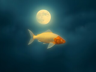 A glowing fish swimming in a misty, moonlit lake
