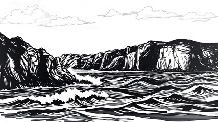Fototapeta premium A dynamic coastal scene, ink-painted with bold strokes, capturing the crashing waves and rugged cliffs against a cloudy sky.