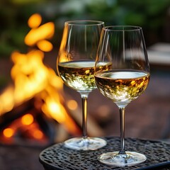 Naklejka premium Glasse of White Wine with an Outdoor Fire in the Backyard Horizontal