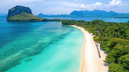 Fototapeta premium Stunning aerial view of tropical beach, crystal clear turquoise water, and lush green island. Ideal for travel, tourism, and vacation websites, showcasing paradise destination.