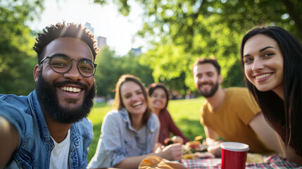 Obraz premium Group of friends enjoying a picnic and taking a selfie in the park
