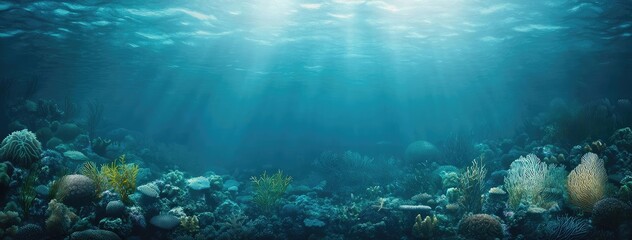 Fototapeta premium Ocean acidification concept. Beneath the waves, vibrant corals and marine life thrive in a serene underwater world.