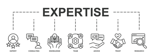 Banner of Expertise web vector illustration with icons of expert, consulting, knowledge, team, advice, trust and research.