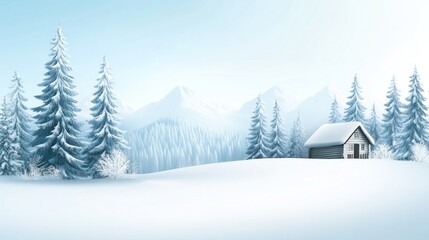 Snowy winter landscape with cabin and mountains.