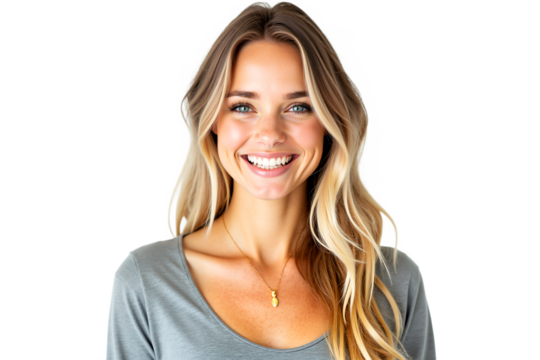 Happy smiling blonde woman portrait isolated on white background. Use for website, blog, profile picture, marketing, corporate communication.