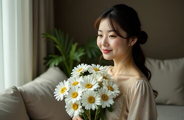Chinese woman with dark hair with a bouquet of daisies close -up smiles against the backdrop of a living room. International Women's Day. Mother's Day. Valentine's Day