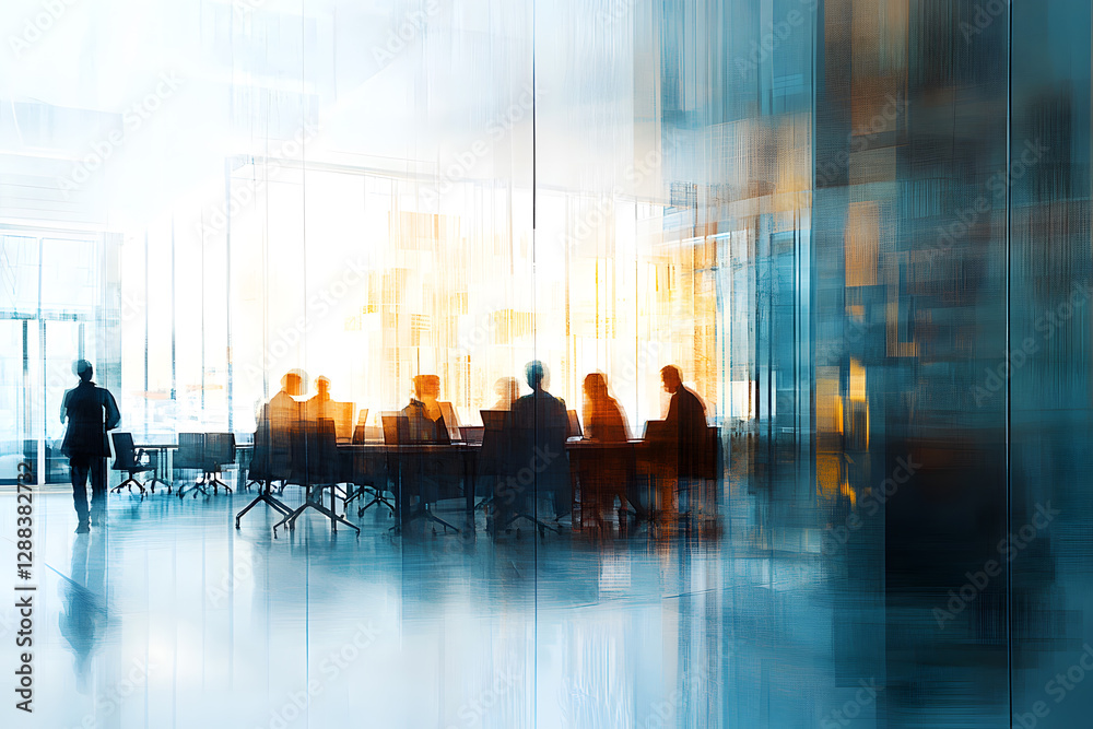 Wall mural abstract blur image of business people walking at modern hallway with bokeh for background usage