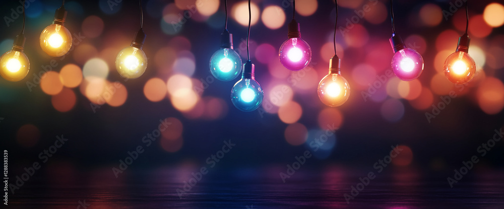 Poster A string of glowing colorful lights in various shades like red, blue, and yellow against a blurred bokeh background, creating a festive and joyful atmosphere.