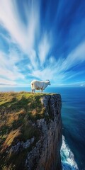 a mountain goat on a grassy cliff, with the wild ocean stretching into the horizon under a bright blue sky filled with wispy clouds.