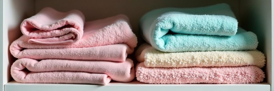 Delicate washcloths neatly folded and stacked in a linen closet, fold, domesticity
