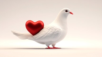 Obraz premium White Dove Holding Red Heart Isolated on White Background Side View