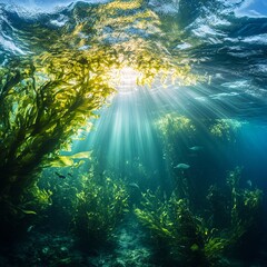 Obraz premium Green seaweed with fish, natural underwater seascape in the Atlantic ocean, Spain, Galicia, Rias Baixas