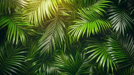 Fototapeta premium Vibrant Green Palm Leaves Close-Up: Lush Tropical Foliage, Exotic Paradise, Summer Vacation, Nature Background, Perfect for design projects, websites,