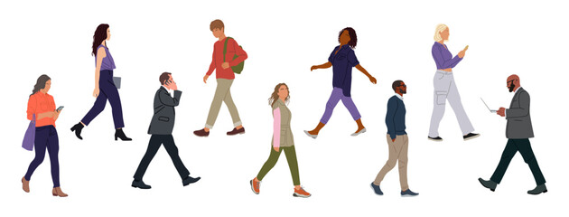 Set of Various business people walking side view. Modern men and women different ethnicities, ages and body types in smart casual and formal office outfits with phone, briefcase, bags. Vector isolated