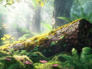 moss growing on a fallen tree trunk, surrounded by ferns and dappled sunlight, creating a serene