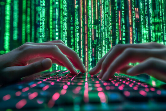 Fingers are rapidly typing on a keyboard as bright green digital code streams in the background. The setting is a dark room, creating a focus on the activity and technology. Generative AI