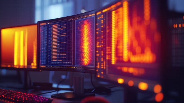 Multi Monitor Setup with Glowing Code Displays