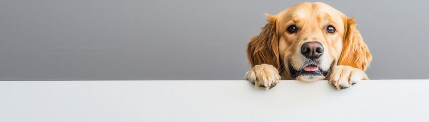 Adorable Golden Retriever Dog Peeking Over White Sign Grey Background Pet Portrait