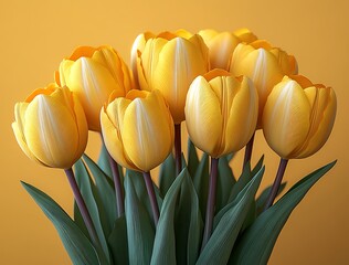 Obraz premium Vibrant Yellow Tulips with Green Leaves on Orange