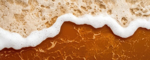 Ocean acidification idea. Close-up view of ocean waves with foam and rich brown water texture.