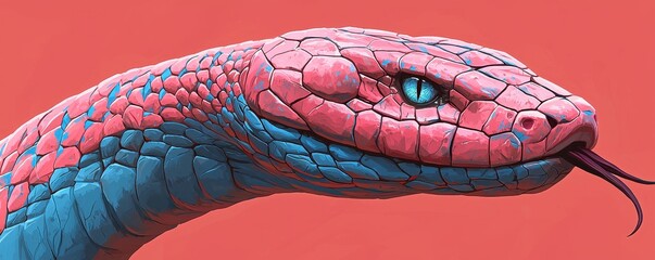 Vibrant Pink and Blue Snake Head Close up Detailed Reptile Scales Artistic Illustration