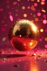Golden disco ball spinning rapidly amidst a cloud of falling pink and golden confetti with glittering effects, pink, gold