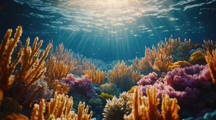 Obraz premium Ocean acidification concept. Vibrant coral reef underwater scene showcasing colorful marine life and sunlight.