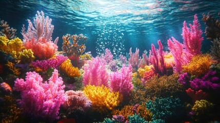 Obraz premium Ocean acidification concept. Vibrant underwater coral reef with colorful corals and bubbles under sunlight.