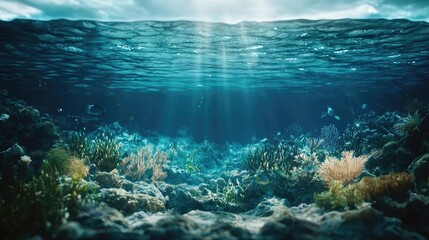 Fototapeta premium Ocean acidification concept. Vibrant underwater scene showcasing colorful corals and serene blue waters.