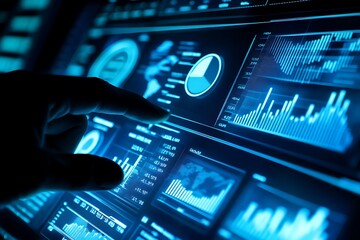 Close-up of a finger interacting with a futuristic data visualization interface.