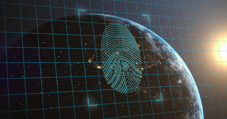 Image of biometric fingerprint and connection with padlocks over globe and dark background