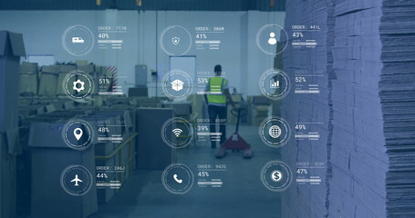 Image of business icons and data processing over biracial male worker walking in warehouse