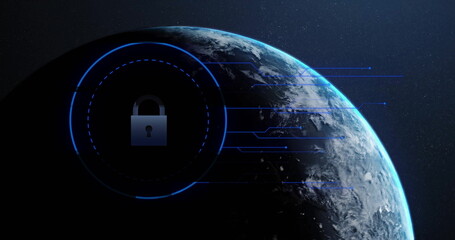 Image of biometric fingerprint and connection with padlock over globe and dark background