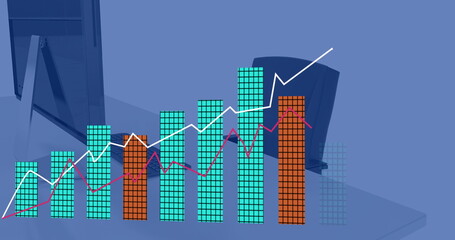 Image of statistics and digital data processing over desk on blue background