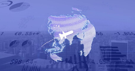 Image of digital data processing over globe and cityscape