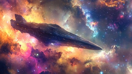 Obraz premium A futuristic spaceship soars through a vivid nebula, surrounded by colorful cosmic clouds and distant stars. Evokes mystery of interstellar travel beauty of deep space exploration. Generative AI