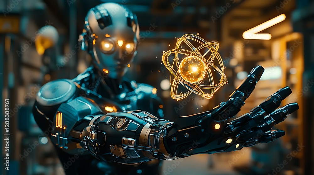 Poster Robot holds an atomic model in a futuristic lab setting, simulating science and technology uses