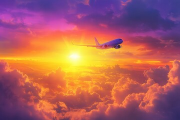 an airplane soaring high above as the sun sets, the sky shifting from bright orange to soft purple and blue in the fading light.