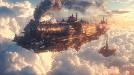 Fototapeta premium A massive floating steampunk city rises above clouds, with detailed architecture, smokestacks and airships. The vibrant blue sky fluffy clouds surreal imaginative design of aerial world. Generative AI
