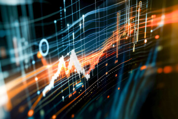 Vibrant visual representation of stock market trends featuring dynamic graphs and charts. The data reflects late trading hours, showcasing fluctuating values in real time. Generative AI