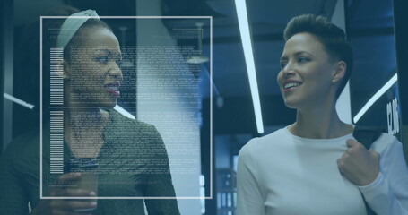 Image of financial data processing over diverse business people in office