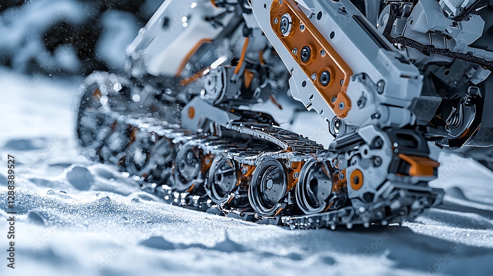 Poster robotic arm on treads operates in the snow-covered outdoors. background of cold forest. could be use