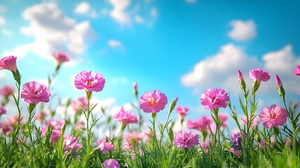 A breathtaking field of pink flowers under a clear sky with fluffy white clouds
