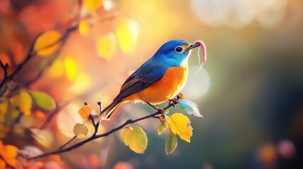 a branch with a worm in its beak, the surrounding soft-focus leaves and light creating a perfect 4K nature shot.