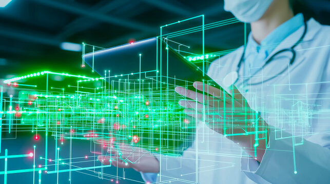 Doctor With Face Mask Using Digital Tablet and Holographic Medical Interface