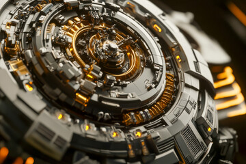 Naklejka premium Close-up view reveals a complex arrangement of metallic components and glowing filaments, showcasing advanced technology in a futuristic design. Generative AI